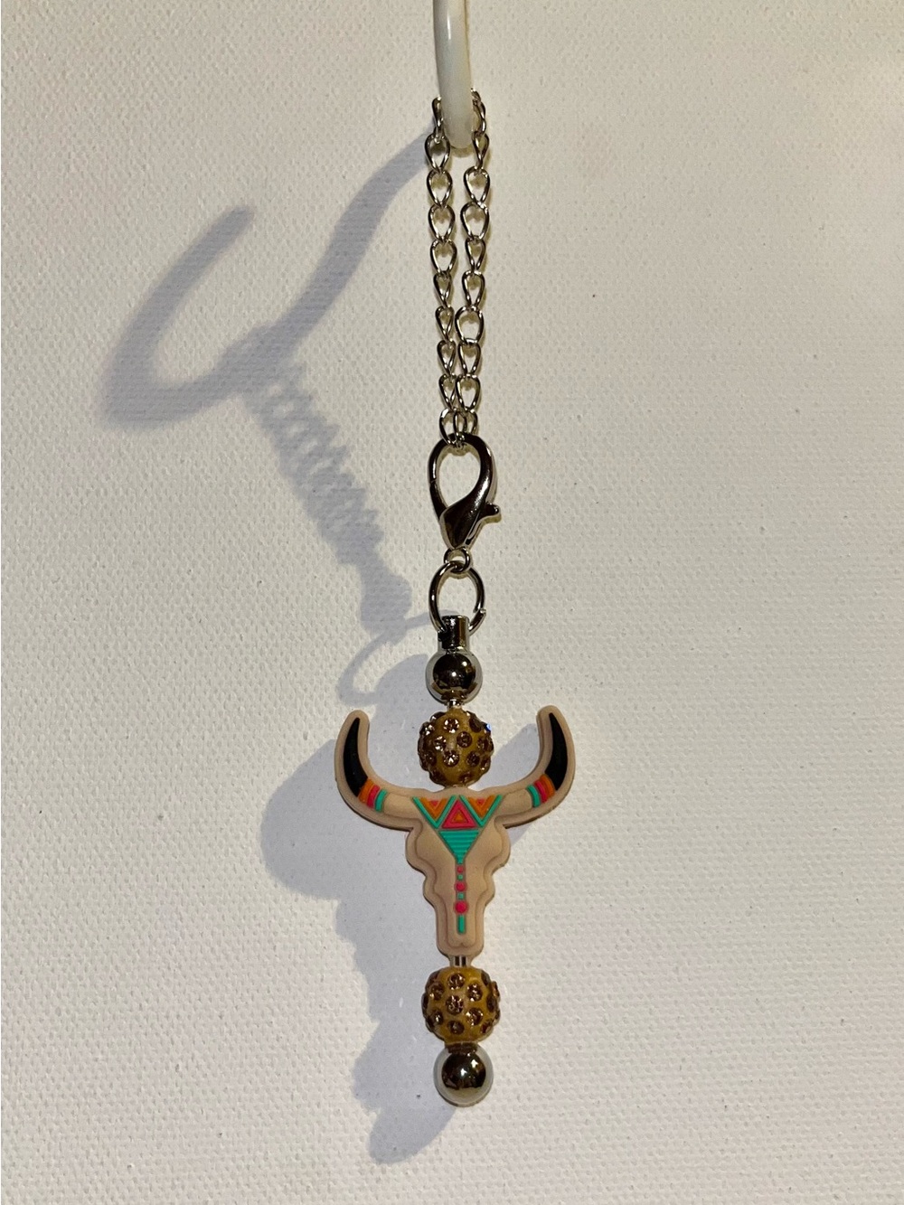 Southwestern Beige/Turquoise/Coral Bull Pendant Cup Charm w/Rhinestone Accents